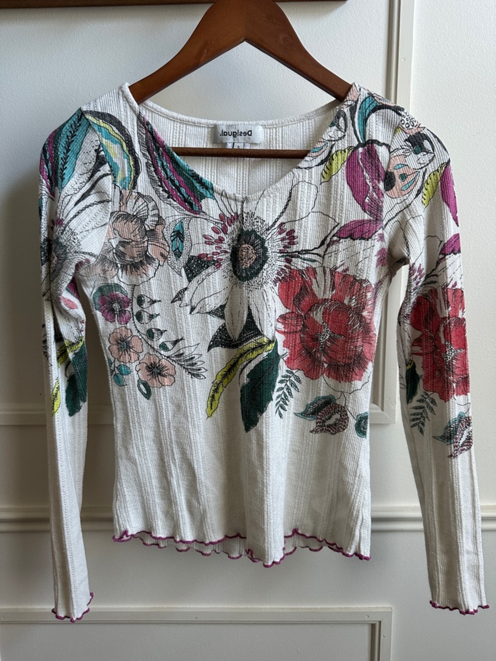 Desigual White Floral Rib-Knit Long Sleeve Top with Pink & Teal Accents